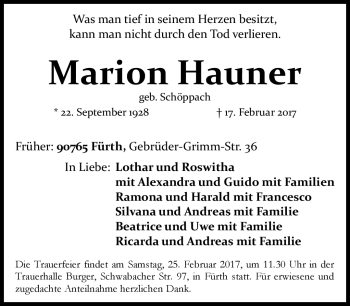 Traueranzeige von Marion Hauner von Südthüringer Presse