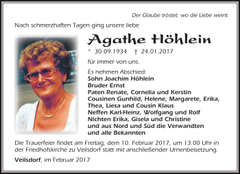 Traueranzeige von Agathe Höhlein von Südthüringer Presse