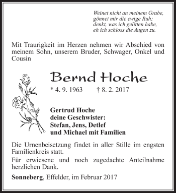 Traueranzeige von Bernd Hoche von Südthüringer Presse