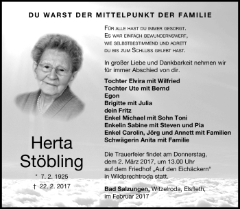Traueranzeige von Herta Stöbling von Südthüringer Presse
