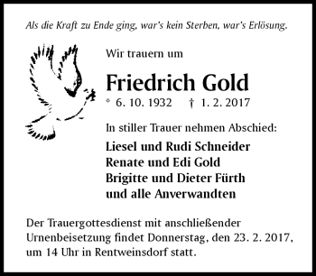 Traueranzeige von Friedrich Gold von Neue Presse Coburg