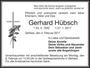 Traueranzeige von Gerhard Hübsch von Frankenpost
