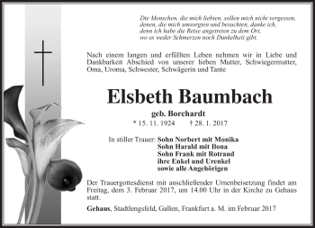 Traueranzeige von Elsbeth Baumbach von Südthüringer Presse