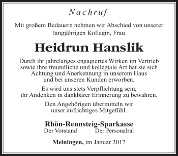 Traueranzeige von Heidrun Hanslik von Südthüringer Presse