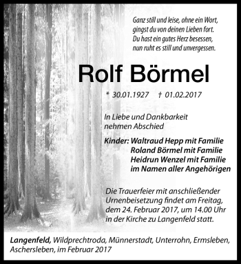 Traueranzeige von Rolf Börmel von Südthüringer Presse