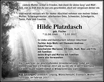 Traueranzeige von Hilde Platzdasch von Südthüringer Presse