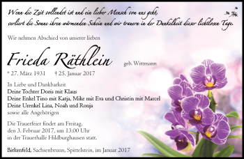 Traueranzeige von Frieda Räthlein von Südthüringer Presse
