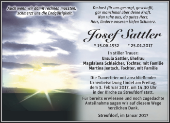 Traueranzeige von Josef Sattler von Südthüringer Presse