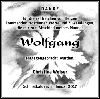 Traueranzeige von Wolfgang Weiser von Südthüringer Presse