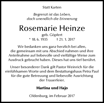 Traueranzeige von Rosemarie Heinze von Neue Presse Coburg