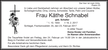 Traueranzeige von Käthe Schnabel von Frankenpost