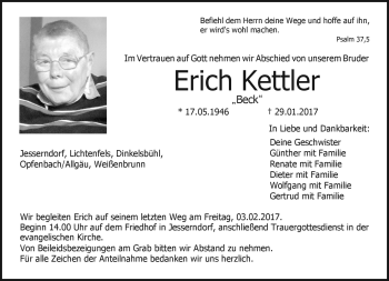 Traueranzeige von Erich Kettler von Neue Presse Coburg