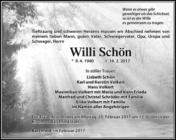Traueranzeige von Willi Schön von Südthüringer Presse