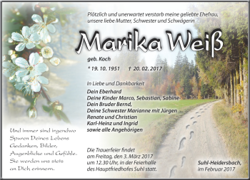 Traueranzeige von Marika Weiß von Südthüringer Presse