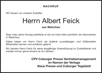 Traueranzeige von Albert Feick von Neue Presse Coburg
