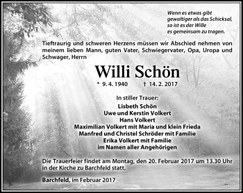 Traueranzeige von Willi Schön von Südthüringer Presse