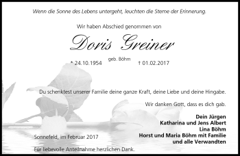 Traueranzeige von Doris Greiner von Neue Presse Coburg