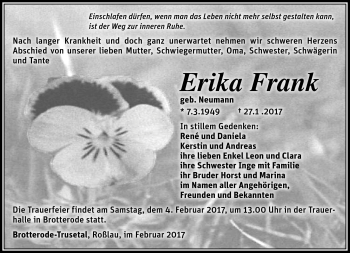 Traueranzeige von Erika Frank von Südthüringer Presse