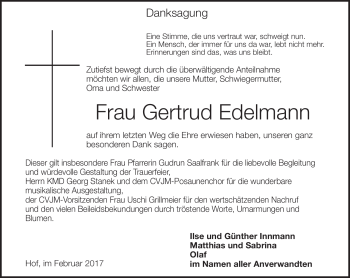 Traueranzeige von Gertrud Edelmann von Frankenpost