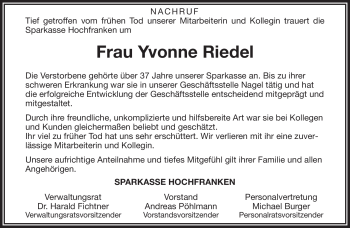 Traueranzeige von Yvonne Riedel von Frankenpost