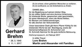 Traueranzeige von Gerhard Brehm von Neue Presse Coburg