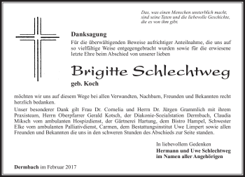 Traueranzeige von Brigitte Schlechtweg von Südthüringer Presse