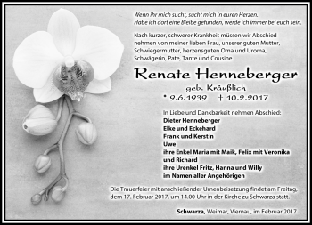 Traueranzeige von Renate Henneberger von Südthüringer Presse
