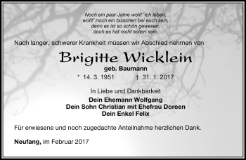 Traueranzeige von Brigitte Wicklein von Südthüringer Presse