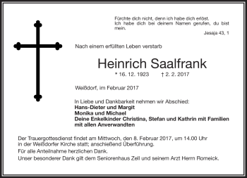 Traueranzeige von Heinrich Saalfrank von Frankenpost