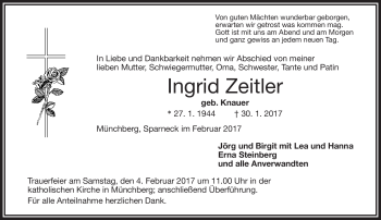 Traueranzeige von Ingrid Zeitler von Frankenpost