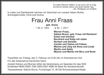 Traueranzeige von Anni Fraas von Frankenpost