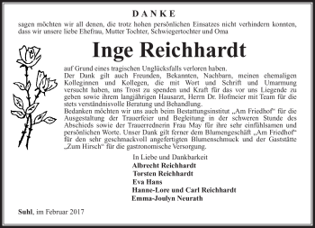 Traueranzeige von Inge Reichhardt von Südthüringer Presse