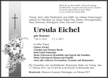 Traueranzeige von Ursula Eichel von Südthüringer Presse