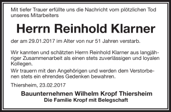 Traueranzeige von Reinhold Klarner von Frankenpost