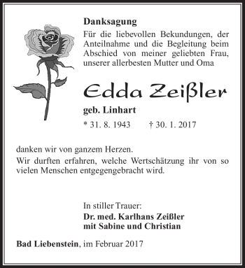 Traueranzeige von Edda Zeißler von Südthüringer Presse