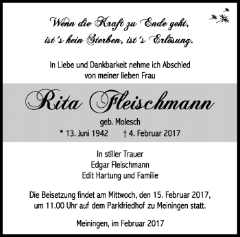 Traueranzeige von Rita Fleischmann von Südthüringer Presse