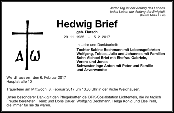 Traueranzeige von Hedwig Brief von Neue Presse Coburg