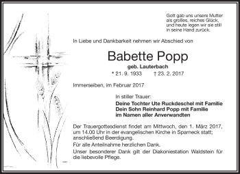Traueranzeige von Babette Popp von Frankenpost