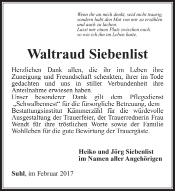 Traueranzeige von Waltraud Siebenlist von Südthüringer Presse