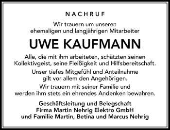 Traueranzeige von Umwe Kaufmann von Südthüringer Presse