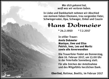 Traueranzeige von Hans Dobmeier von Südthüringer Presse