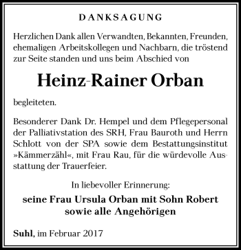 Traueranzeige von Heinz-Rainer Orban von Südthüringer Presse
