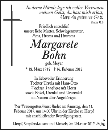 Traueranzeige von Margarete Bohn von Südthüringer Presse