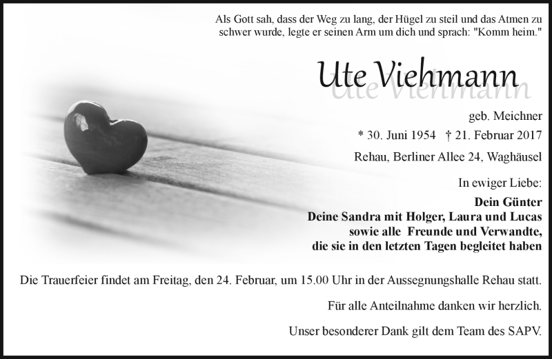  Traueranzeige für Ute Viehmann vom 23.02.2017 aus Frankenpost