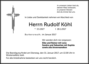 Traueranzeige von Rudolf Köhl von Frankenpost