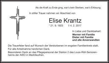 Traueranzeige von Elise Krantz von Frankenpost