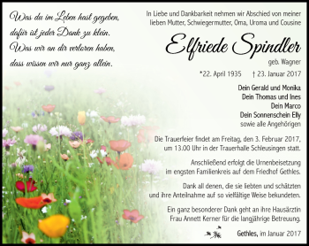 Traueranzeige von Elfriede Spindler von Südthüringer Presse