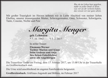 Traueranzeige von Margita Menger von Südthüringer Presse