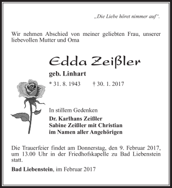 Traueranzeige von Edda Zeißler von Südthüringer Presse