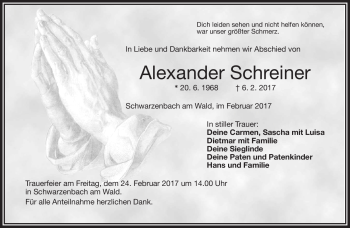 Traueranzeige von Alexander Schreiner von Frankenpost